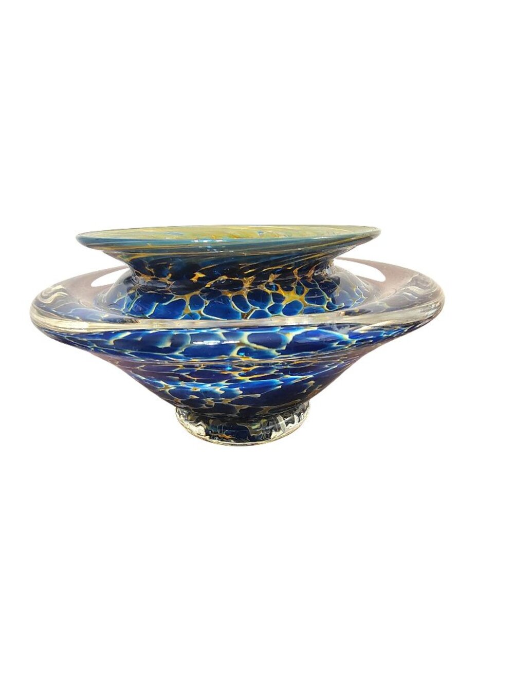 Gartner Blade Hand Blown Glass Ikebana Flower Vase, Sapphire Blue Yellow Signed